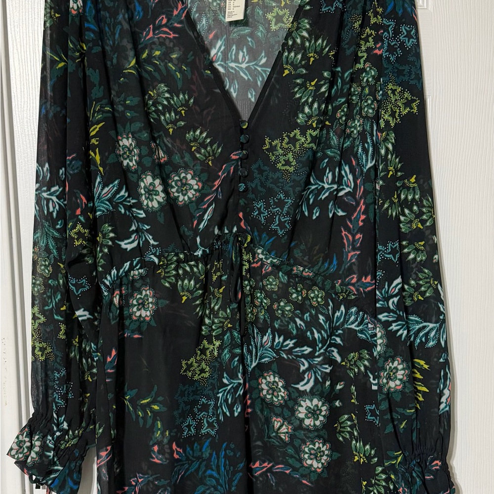 Women’s Floral V-Neck Long Sleeve Blouse - Black with Teal & Green